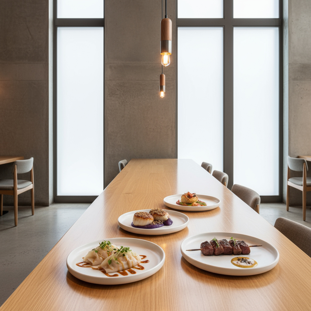 Zeitgenössisches Interieur, Degustationstisch mit asiatischen Gerichten