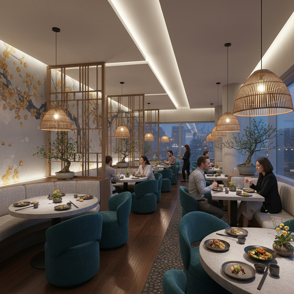 Modernes Restaurantinterieur mit Gästen, warmes Licht und asiatischen Akzenten