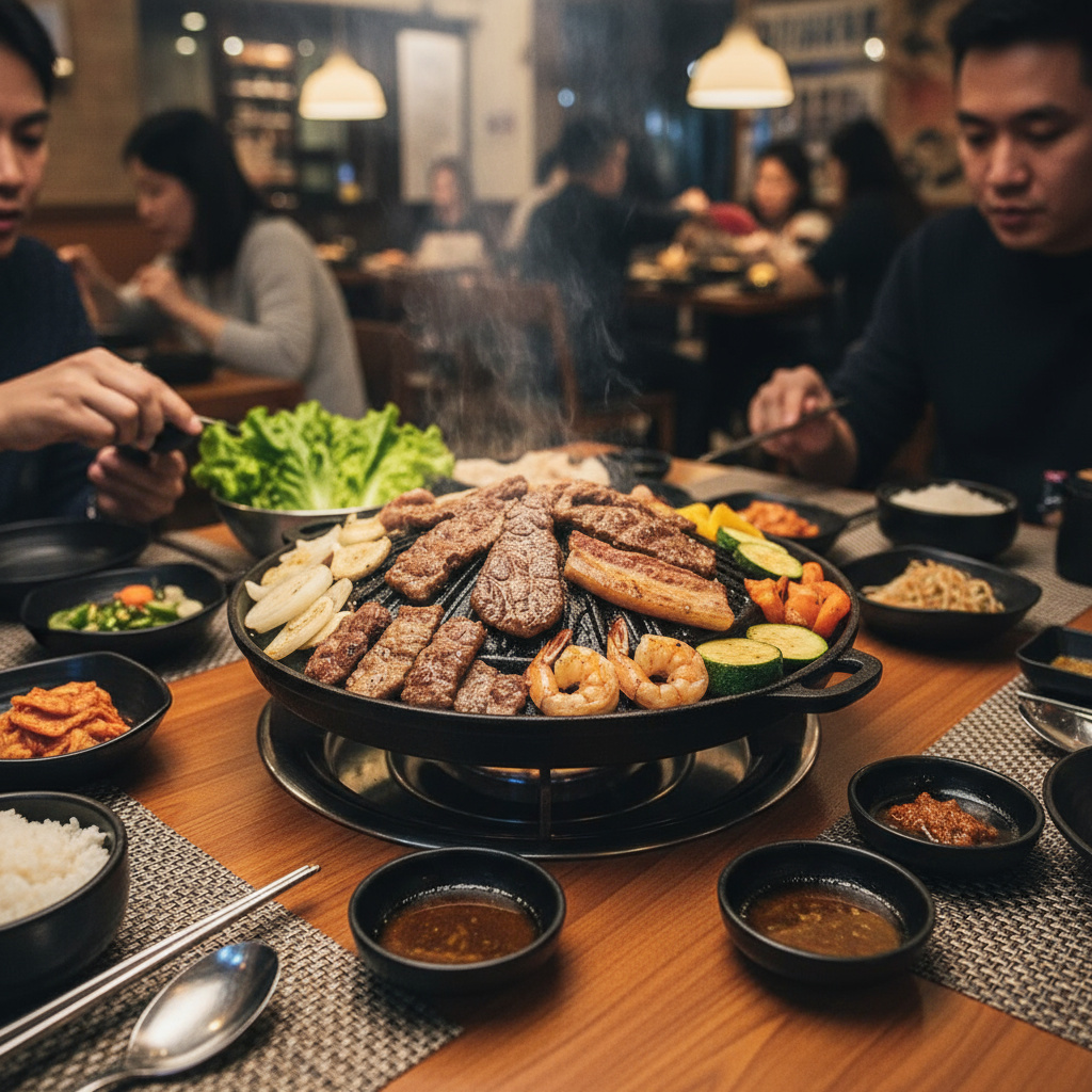 Korean BBQ Hotplate mit gegrilltem Fleisch und Gemüse