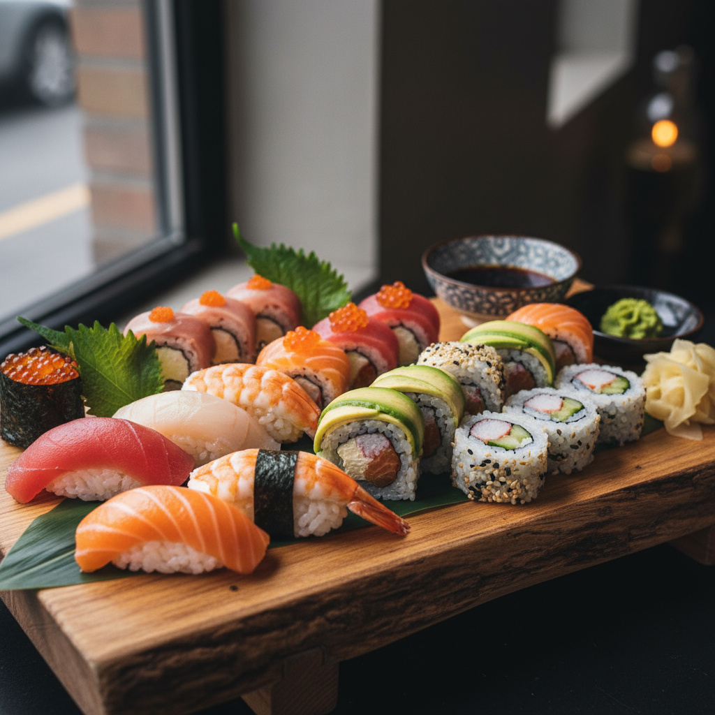Assortierte Sushi-Platte mit Nigiri und Rollen