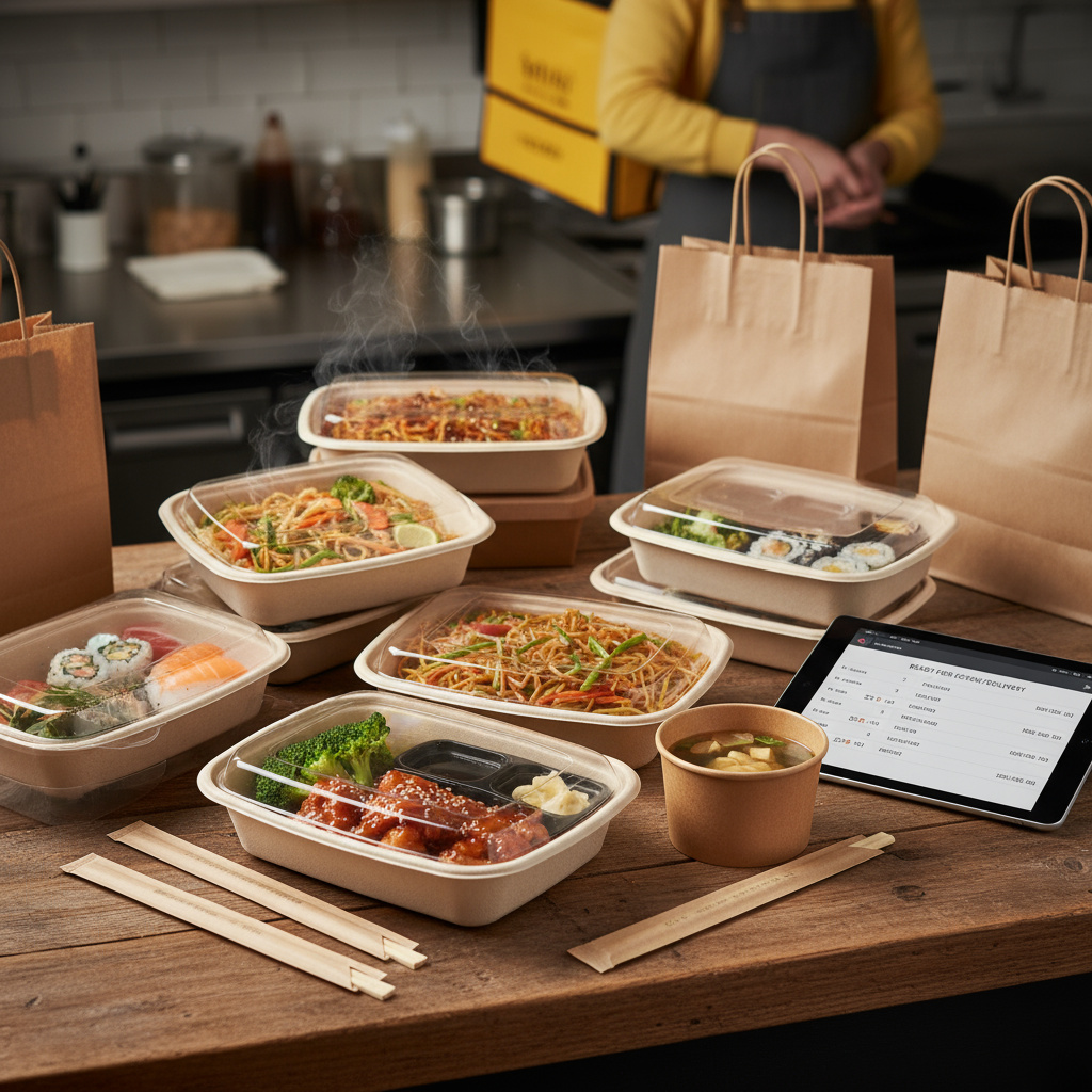 Takeaway-Boxen mit asiatischen Gerichten in umweltfreundlicher Verpackung